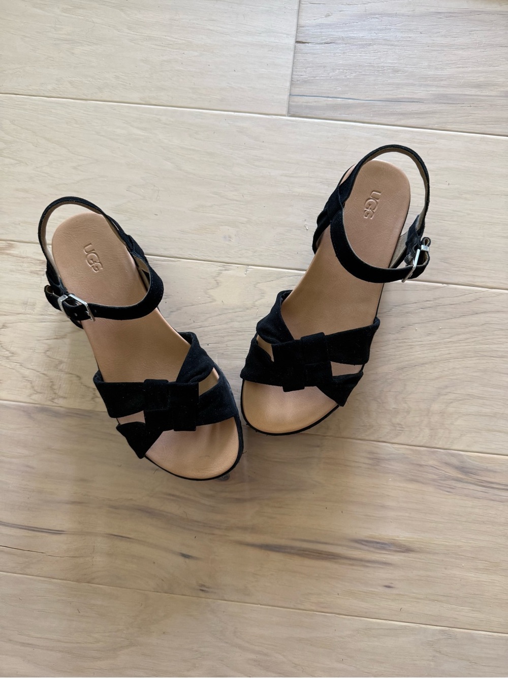 UGG Women's Neusch Platform Wedge Sandals in black suede. Size 9.5